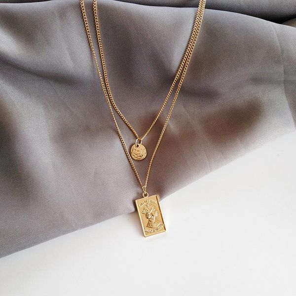 

pendant necklaces vintage carved coin necklace for women fashion gold color medallion multiple layers long boho jewelry, Silver