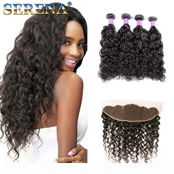 

13x4 lace frontal closure with brazilian water wave hair bundles unprocessed human hair ear to ear full frontal lace frontal and bundles, Black;brown