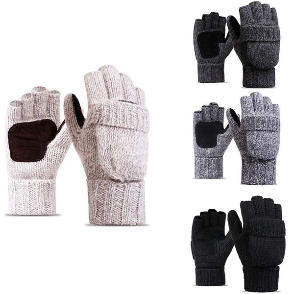 

five fingers gloves winter knitted convertible fingerless wool mittens warm mitten glove for women and men, Blue;gray