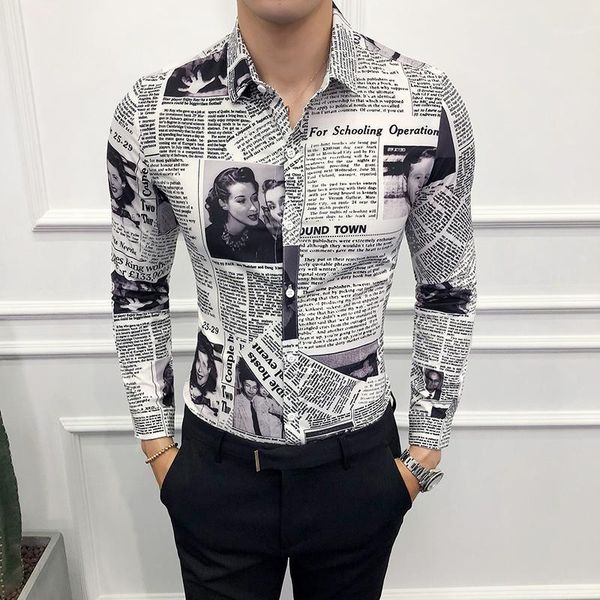 

brand new newspaper print mens casual shirts night club dress shirt male clothing 3xl- korean slim fit long sleeve men shirt1, White;black