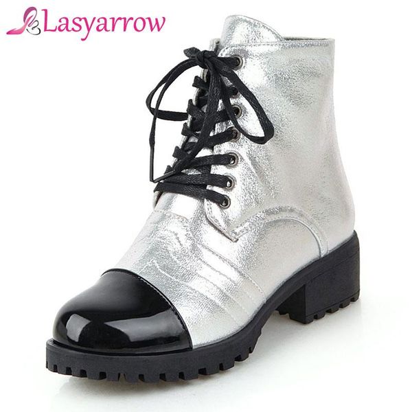 

lasyarrow thick bottom square heels round toe platform gold silver boots women lace up patent leather casual women shoes, Black