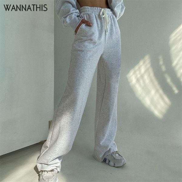 

wannathis streetwear loose straight pant women autumn gray high waist pant trousers long pant elastics waist lace up casual 201228, Black;white