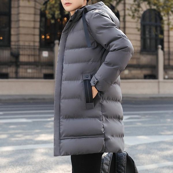 

mens cotton padded jacket men 2020 new winter hooded warm soft shell jacket solid casual slim fit waterproof long for men, Black