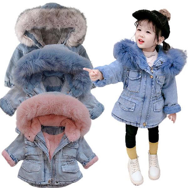 

2020 winter girls clothing baby coat girls fur collar jacket winter autumn children's clothing plush denim children's coat lj20112, Blue;gray