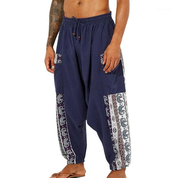 

men's casual vintage style loose cotton linen printing patchwork lantern pant1, Black