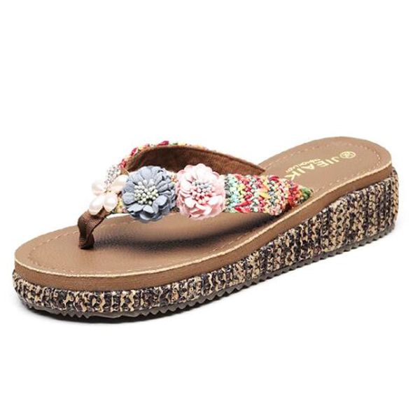 

women summer floral flip-flops ladies fashion wedges slippers women outside slides luxury flower sandals female beach flip-flops, Black
