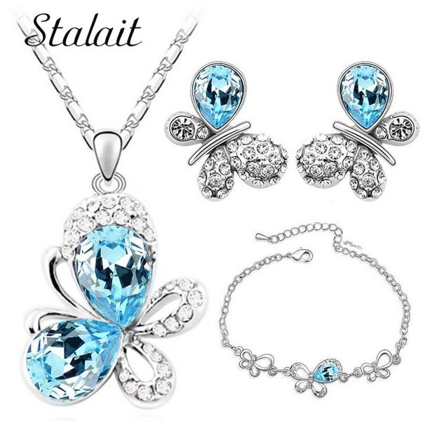

butterfly blue austria crystal ожерелье серьги браслет ювелирные изделия для женщин партия мода ювелирные изделия рождественский подарок, Silver