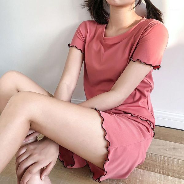 

summer knitted cotton cartoon pajamas set women pyjamas sleepwear nightwear pijama mujer calf-length pants homewear1, Black;red