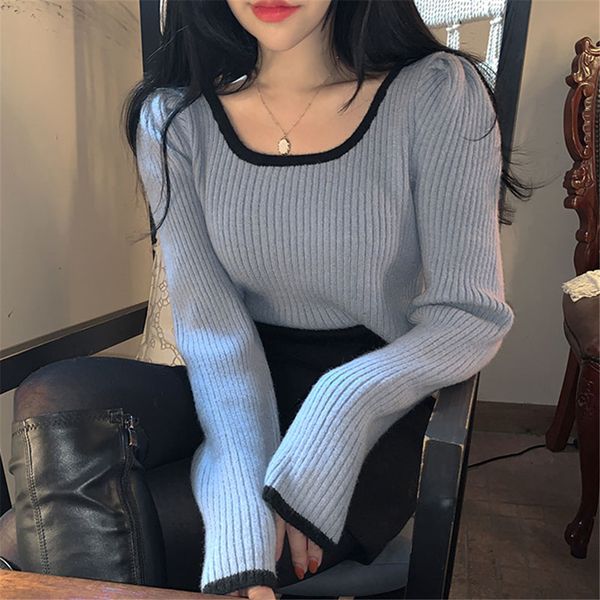 

new knitted sweater women jumper 2020 spring long puff sleeve u neck solid elegant casual sweater women wool pullover c1120, White;black