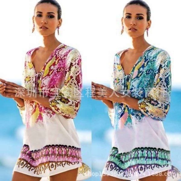 

2020 style new fashion color snake print chiffon dress beach cover up bikini, Black;gray