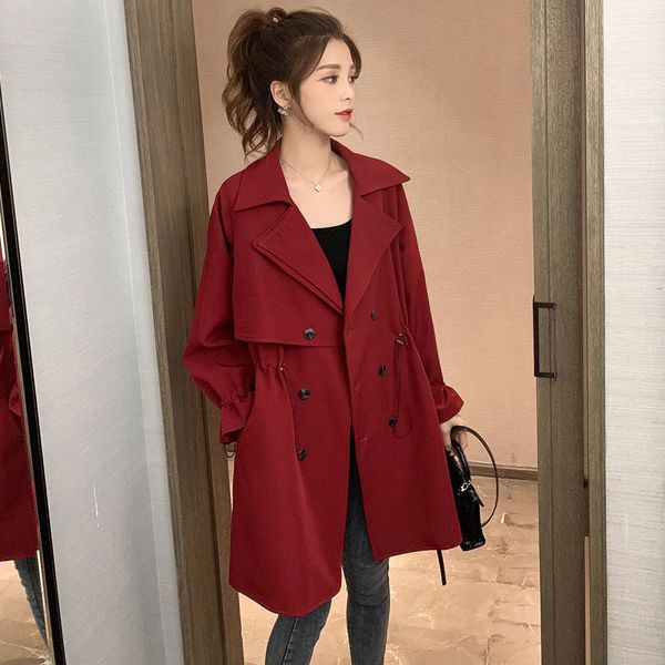 

2021 new trench coat women's long section small korean net red suit collar waist casual retro gk2q, Black;brown