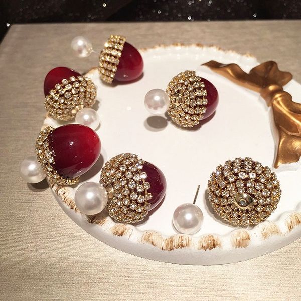 

fashion luxury designer lovely pretty diamond strawberry fruits pearl stud earrings for woman girls double sided 925 silver post, Golden;silver