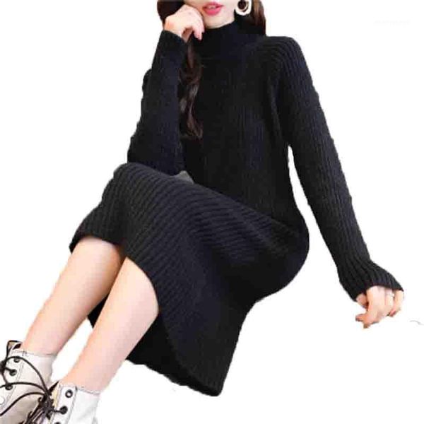 

casual dresses autumn winter midi-length thicken turtleneck overknee dress for women loose pullover knitted ropa de invierno mujer1, Black;gray