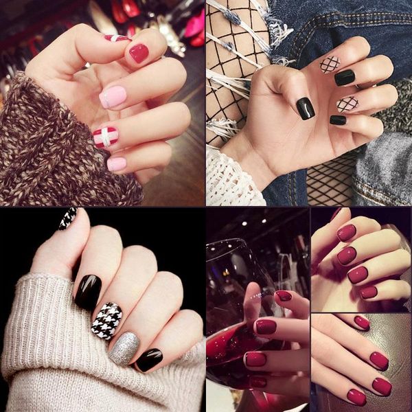 

false nails 24pcs/box wearable nail art products short fake patches diy decoration supplies, Red;gold