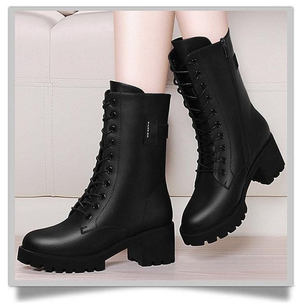 

boots thick-heeled mid-tubeboots women's leather 2021 high-heeled winter plus size, Black