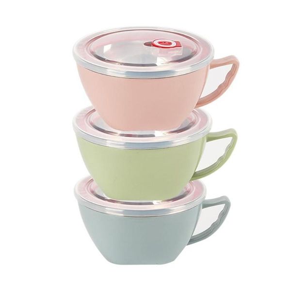 

bowls stainless steel noodle bowl with lid handle double layer insulated leak-proof container rice soup kitchen gadget