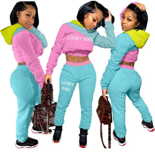 

2021 new lucky letter two piece outfit for women set patchwork hoodie sweatshirt sweatpant tracksuit winter clothes wholesale dropshpping 33, Gray