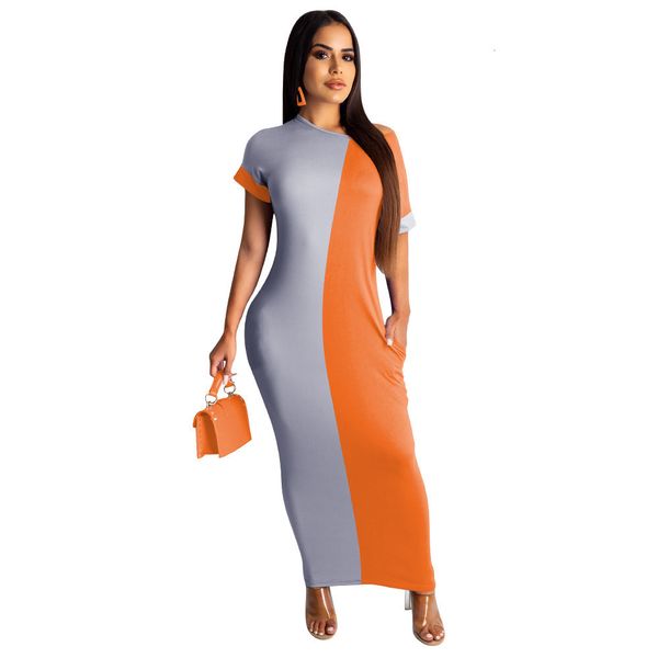 

2021 new summer women european and american style solid-color patchwork short sleeves casual fashion loose maxi 7tmb, Black;gray