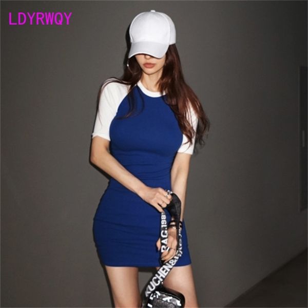 

[ldyrwqy] korean spring and summer women's fit body bag hip contrast color short-sleeved dress knee-length 210603, Black;gray