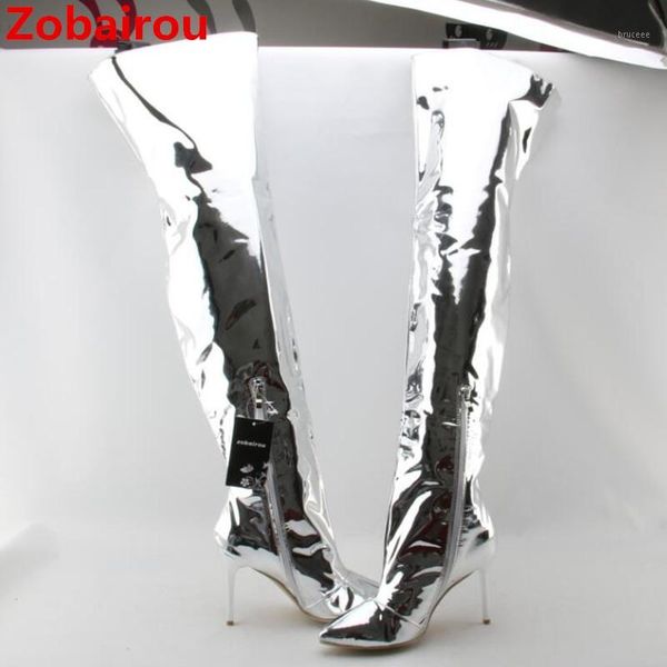 

boots zobairou 2021 fashion silver mirror leather thigh high metallic overknee rain heels ladies shoes woman1, Black