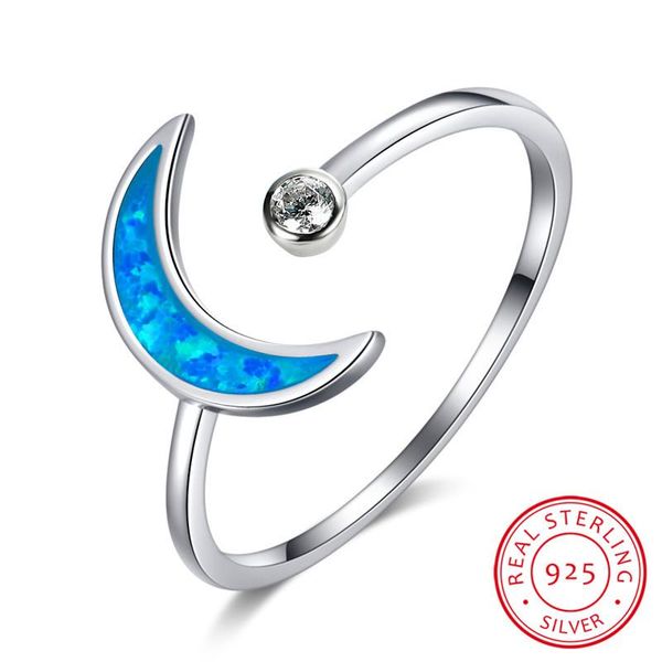 

cluster rings cute female blue white opal moon ring minimalist 925 sterling silver engagement promise love wedding for women, Golden;silver