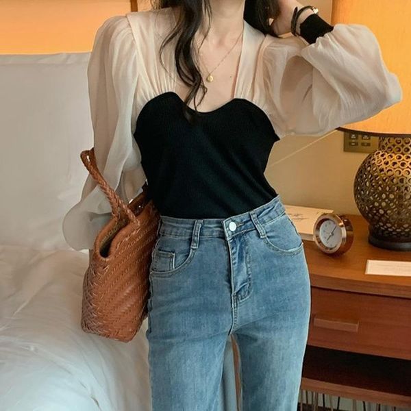 

women's blouses & shirts office lady elegant mesh patchwork knitted pullovers square collar puff long sleeve women blouse summer korean, White