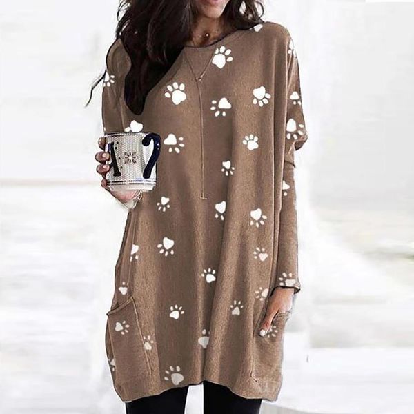 

women autumn stylish casual o neck paw print pockets tunic long blouse pullover drop, White