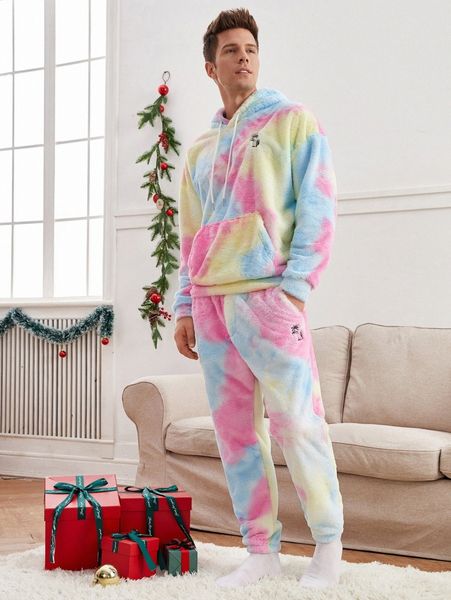 

men tie dye palm tree embroidered drawstring flannel hoodie & joggers q8cn#, Gray
