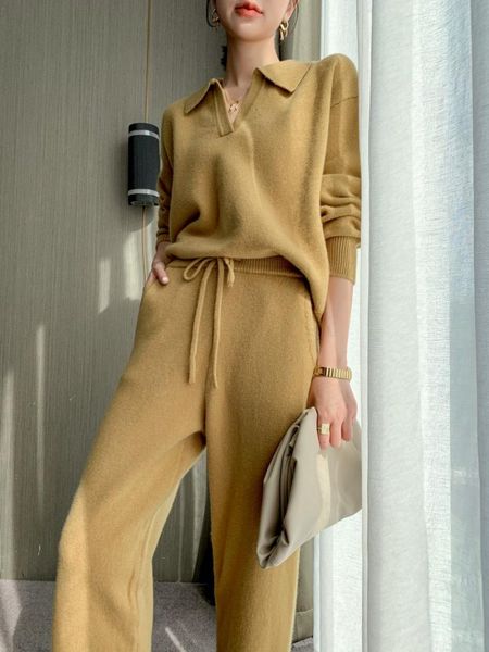 

women's two piece pants fall winter knitted suit casual solid sweater two-piece set lapel wide leg korean clothing female outfit, White
