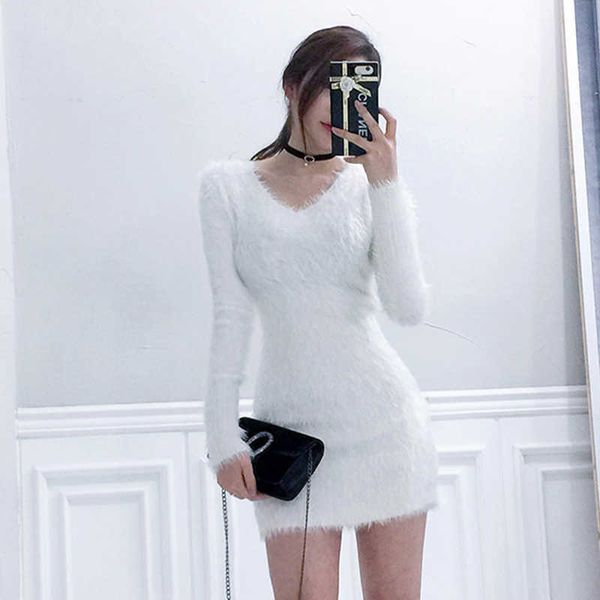 

vintage elasticity autumn winter dresses women's v-neck knitted pencil dress elegant korean bodycon office vestidos 210529, Black;gray