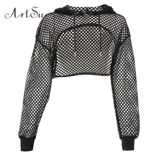 

artsu long sleeve tshirt women mesh hooded hollow out punk rock short crop white t-shirt fishnet black asts20380 c0220