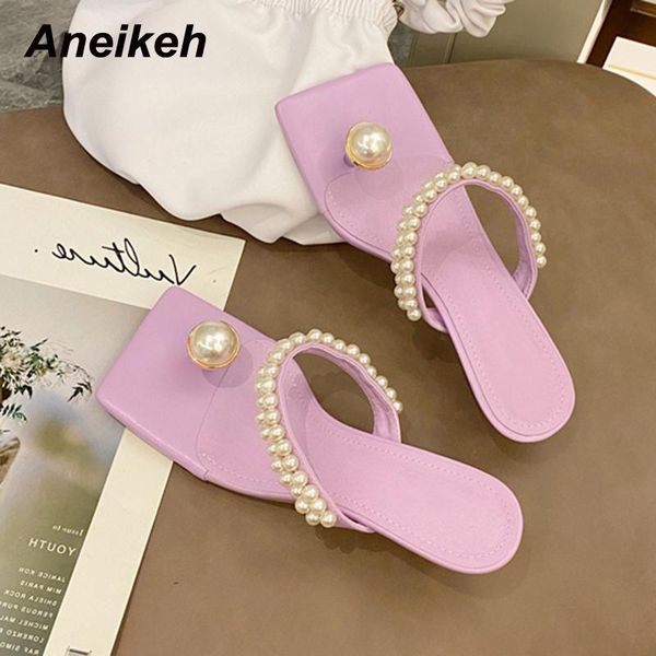 

aneikeh 2021new women shoes summer spike heels thong slippers pu bling outside shallow party novelty string bead polka dot sweet, Black