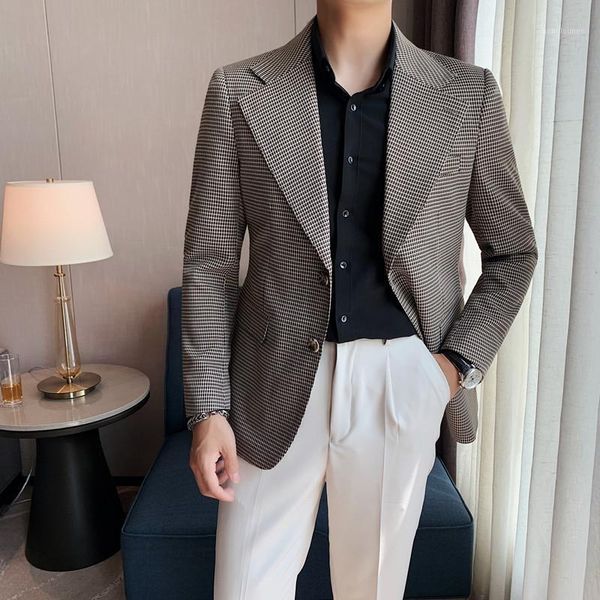 

men's suits & blazers simple houndstooth blazer jacket men clothing 2021 all match slim fit casual office suit coats business f, White;black