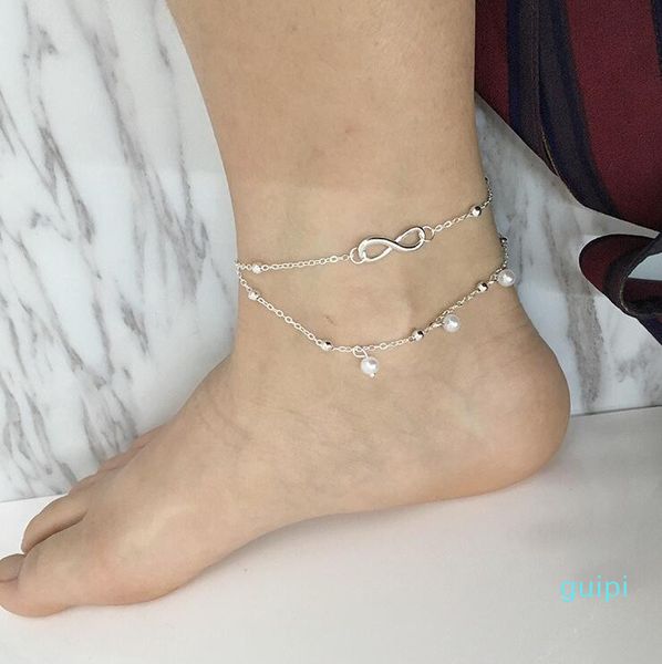 

wholesale- fashion summer beach anklet bracelet infinity foot jewelry pearl bead gold silver chain anklets foot chain for women, Red;blue