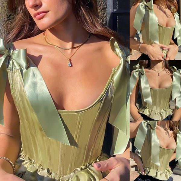 

women's tanks & camis women silky satin tie up bow strap crop ruffles hem solid color fish boned corset camisole criss cross lace-up ba, White