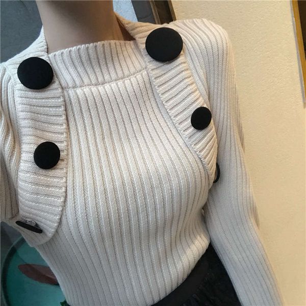 

new fashion goddess temperament fake two button slim fit knitted sweater, White;black