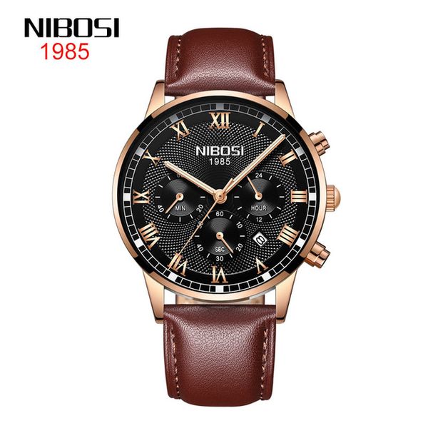 

10 style new nibosi fine leather strap bands watch waterproof quartz three-eye six-needle luminous black dail rose gold shell, Slivery;brown
