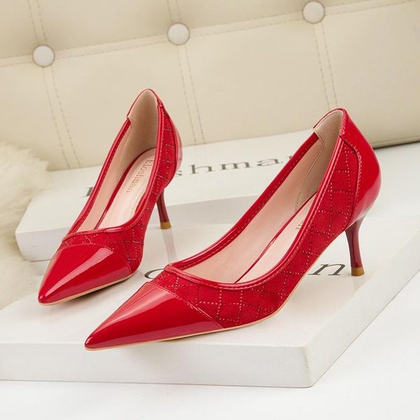 

dress shoes women pumps flesh color office lady korean style party girls pointed toe plaid flock heels, Black