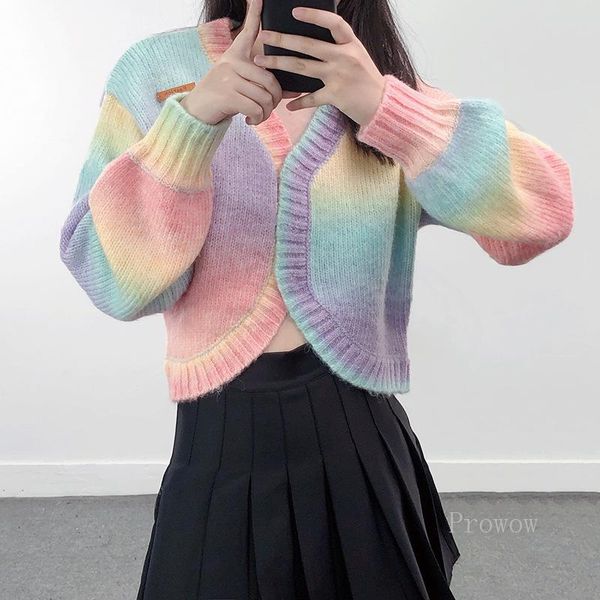 

women's sweaters rainbow gradient mohair cropped sweater cute v neck 2021 lazy oaf pullover crop student sweet knit small shirt, White;black