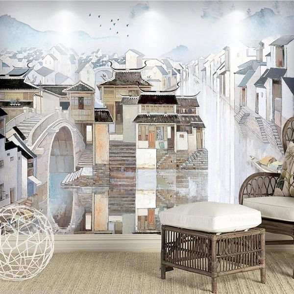 

wallpapers custom fresco wall paper ancient style jiangnan water village ink mural living room bedroom tv background decor cloth
