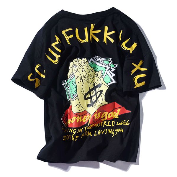 

money first, guochao brand short t-shirt, men's and women's cotton personalized printing, korean round neck bf loose half sleeve t, White;black