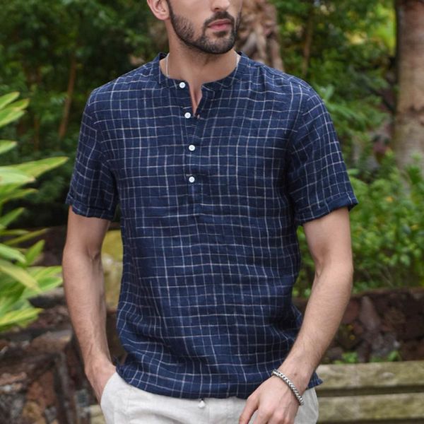 

men's casual shirts men vintage shirt plaid splicing button cotton linen short sleeve retro summer stand collar plus size blouse, White;black