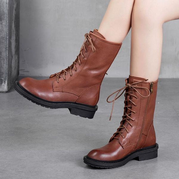 

boots genuine leather women's lace-up motorcycle 2021 autumn winter cowhide mid-tube woman side zipper platform, Black