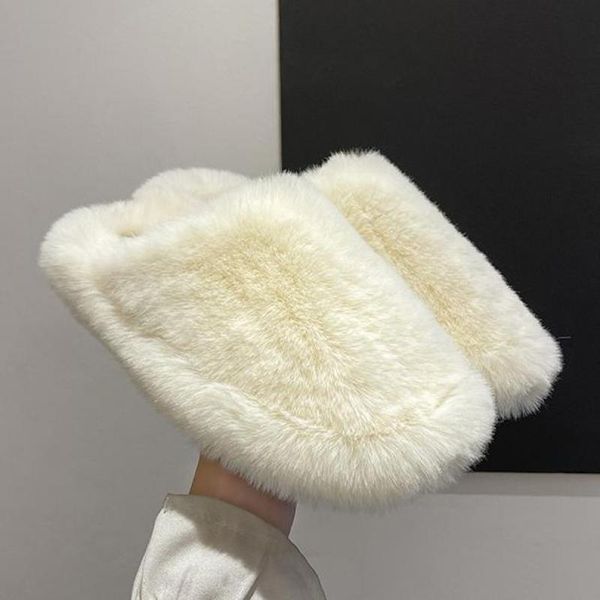 

slippers female shoes plush for luxury slides winter footwear flock 2022 fur designer flat with rubber ytmtloy indoor zapato, Black
