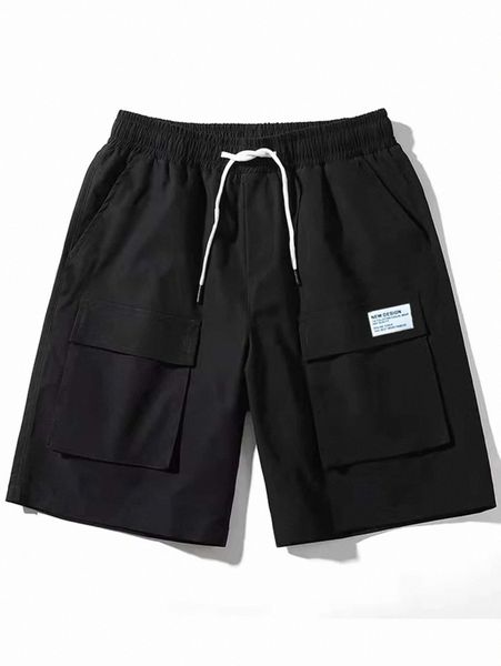 

men patch detail drawstring waist cargo shorts o1su#, Black
