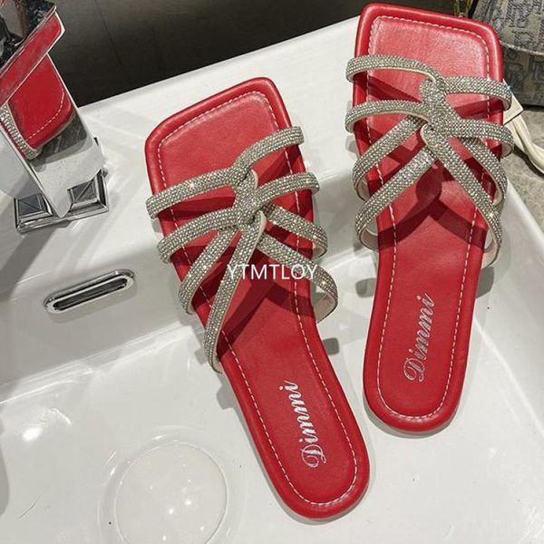 

slippers rhinestone cross strap woman flat mules casual beach shoes ladies sandals designer party zapatillas mujer casa 2021, Black