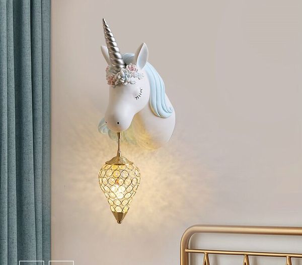 Karikatür Çocuklar Bebek Duvar Asılı Işık LED Reçine Unicorn Lamba AC220V Prenses Kız Yatak Odası Dekorasyon Için AC220V Mavi Pembe Duvar Lambası