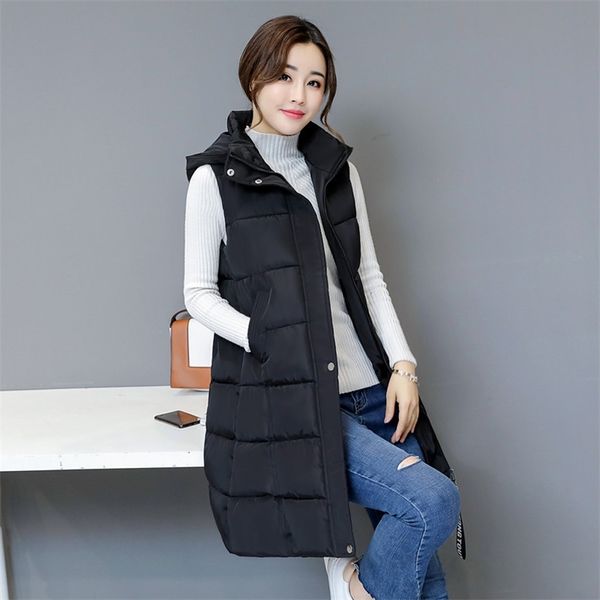 

winter women cotton down vest plus size m-5xl sleeveless warm hooded loose casual long vest female outerwear padded jacket 211101, Black;white