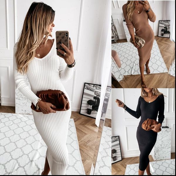 

2021 fashion trend autumn female dress solid color v neck long sleeve one piece clothes knitting slim fitting midi dress, Black;gray