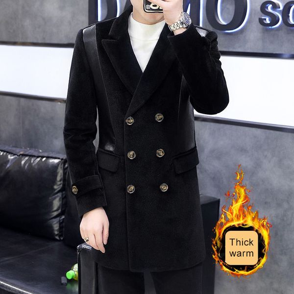 

men's wool & blends long and thick wool coat, splicing jacket, double buttons, windproof, medium raincoat, winter 2021, Black
